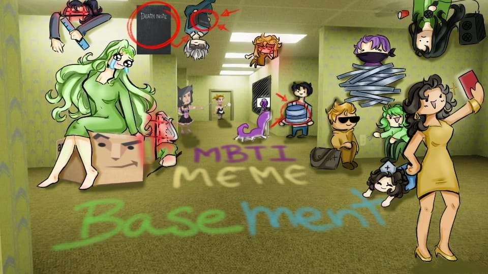 Community artwork of MBTI Meme Basement members gathered in the basement